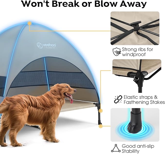 Veehoo Outdoor Dog Bed with Canopy, Cooling Elevated Dog Shade for Outside | Portable Raised Dog Cot with Removable Shade, Sun Protection Dog Tent Outdoor for Camping, Beach, 42" x 33.5", Beige Coffee