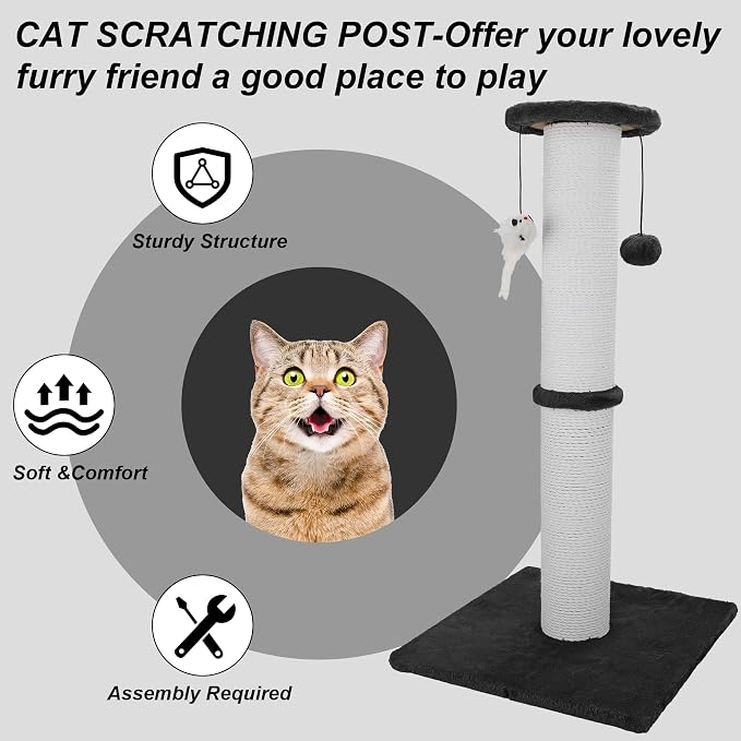 Cat Scratching Post 34 Inches Heavy Duty and Thicker Cat Scratching Post Cotton Rope with Hanging Ball and Mice Scratching Post for Indoor Cats and Adult(Black)
