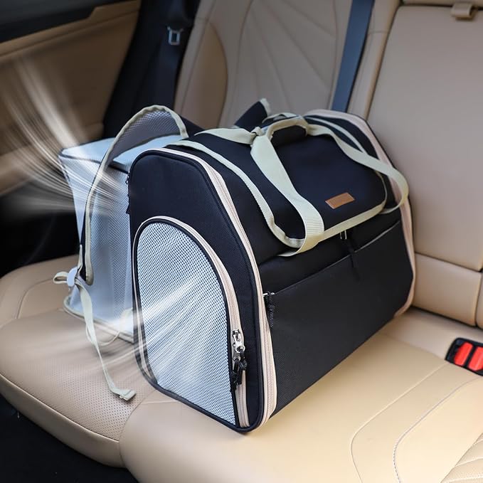 Expandable Cat Carrier Backpack, Foldable Pet Backpack for Small Dog Ferret Rabbit, Airline Approved Breathable Mesh Backpack with Sun Shade for Outdoor, Black, 16x9x13.5 Inch