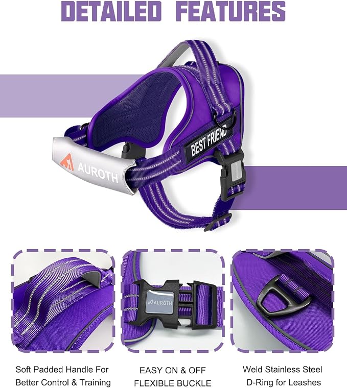 AUROTH Dog Harness and Leash Set for Large Sized Dog, No Pull Dog Vest | with Leash Clips, LED light clip, Soft Padded No Choke, Escape Proof, Easy Walking and Training, Purple, XL