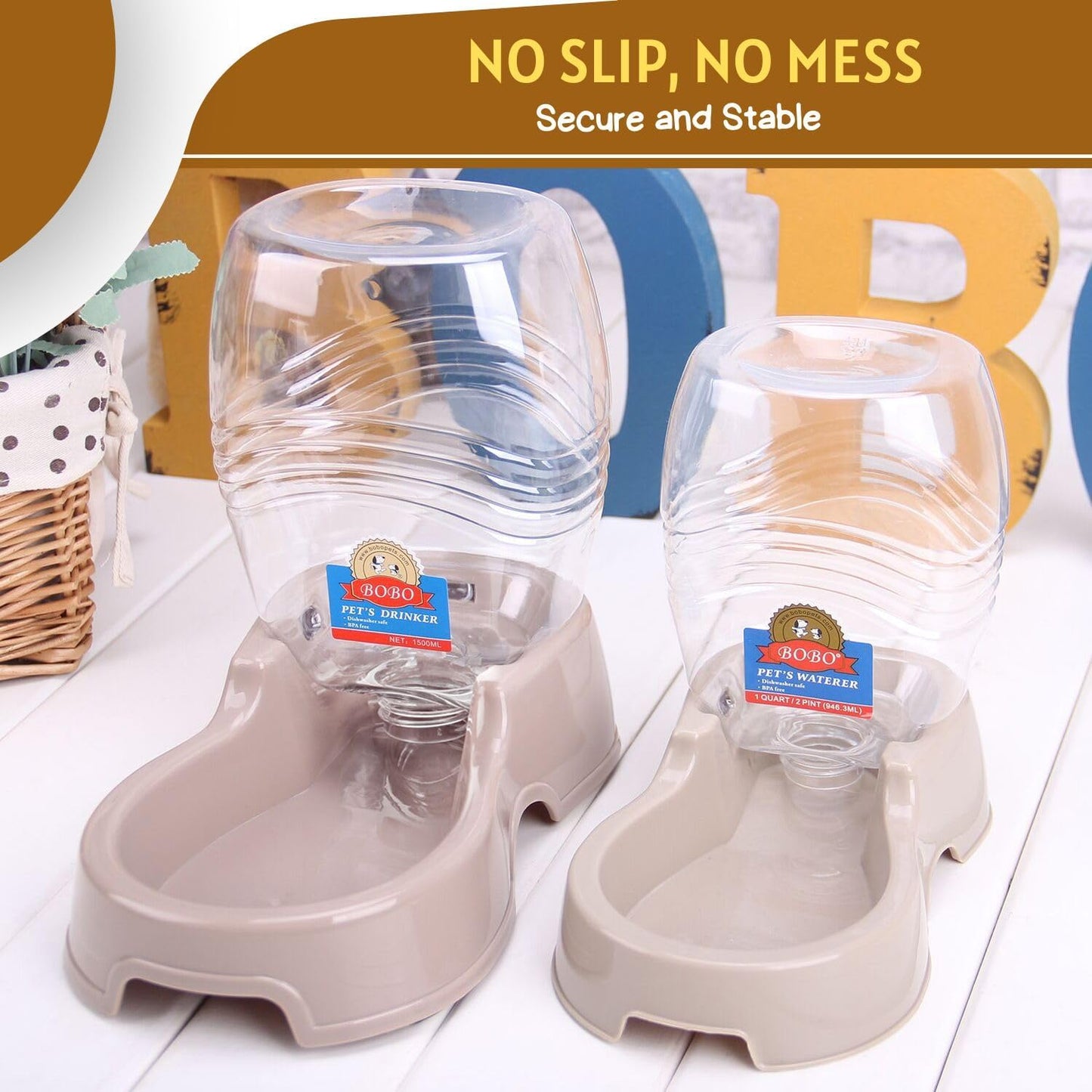 Flexzion Automatic Gravity Pet Waterer for Cat & Dog - Non-Skid & Easy-Clean Auto Replenish Water Dispenser Drinking Bowl (3/8 Gallon / 1.5L), Beige