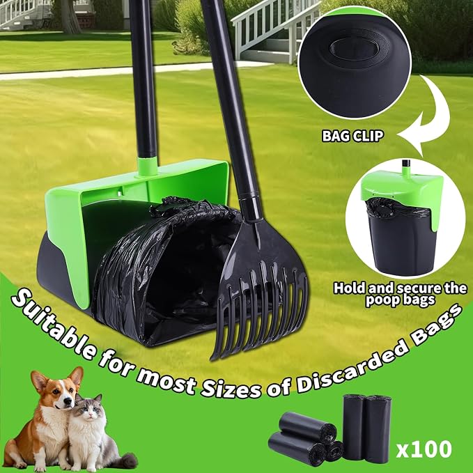 ienjoyed 43" Tall Pooper Scooper Large Swivel Bin & Rake with 100 Waste Bags,Heavy Duty Dog Pooper Scooper for Dogs, Long Handle Poop Scooper with Lid for Yard, Grass, Gravel (Green)