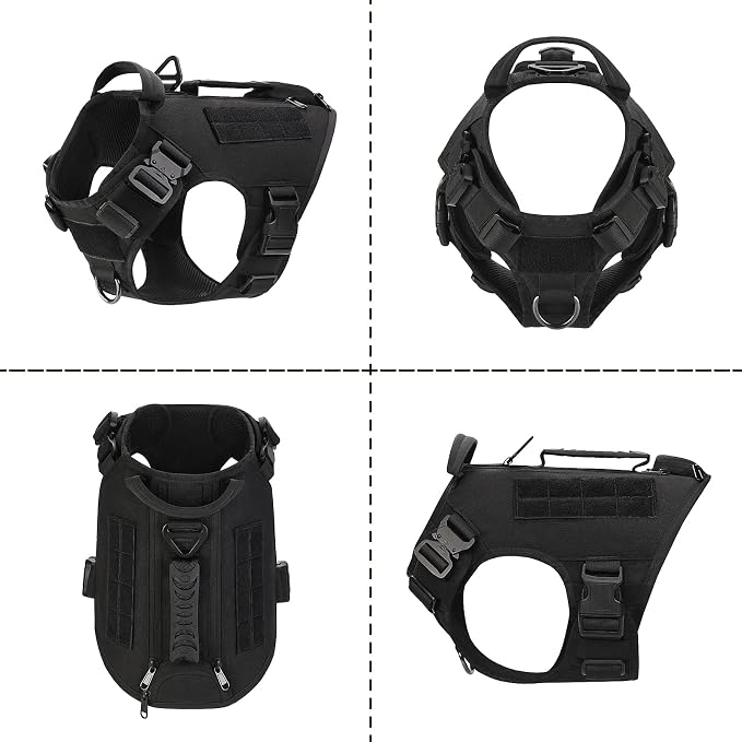 Tactical Dog Backpack Harness for Large Breed Original Design Metal Buckle Vest with Side Bags Pouches for Service Working Training (Black (Vest only), XL)