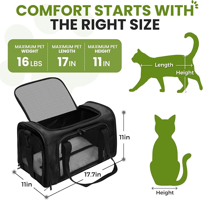 Soft-Sided Cat Carrier Expandable Pet Carrier Airline Approved Mesh Travel Carrier Up to 15lbs for Cats Small Dogs Collapsible Escape-Proof with Shoulder Strap Washable (18x11x11 Black)