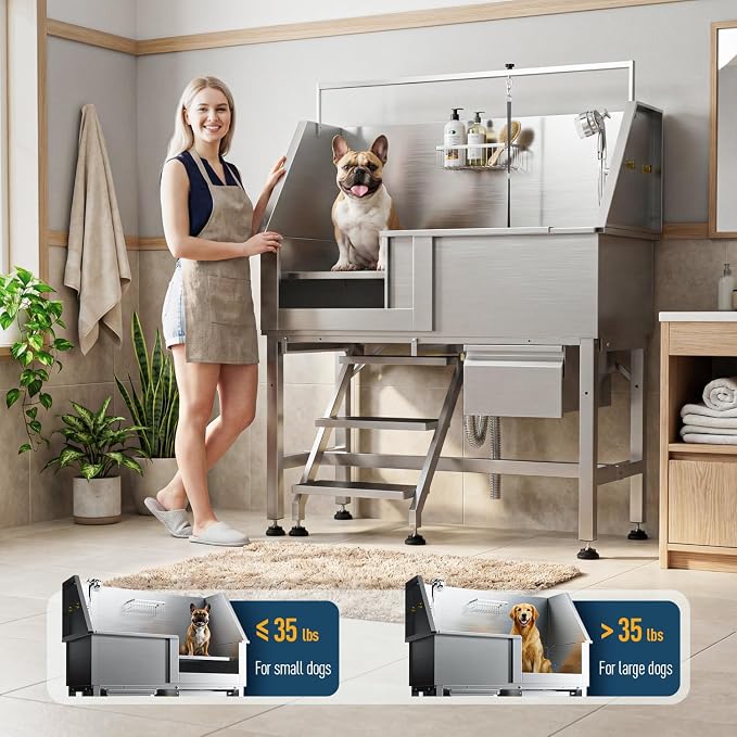 46" Dog Washing Station, 304 Stainless Steel, 440 lb, Side Step | hot cold faucet, fixed sprayer, shampoo dispenser, storage drawer, S-trap, hair filter, garage outdoor grooming