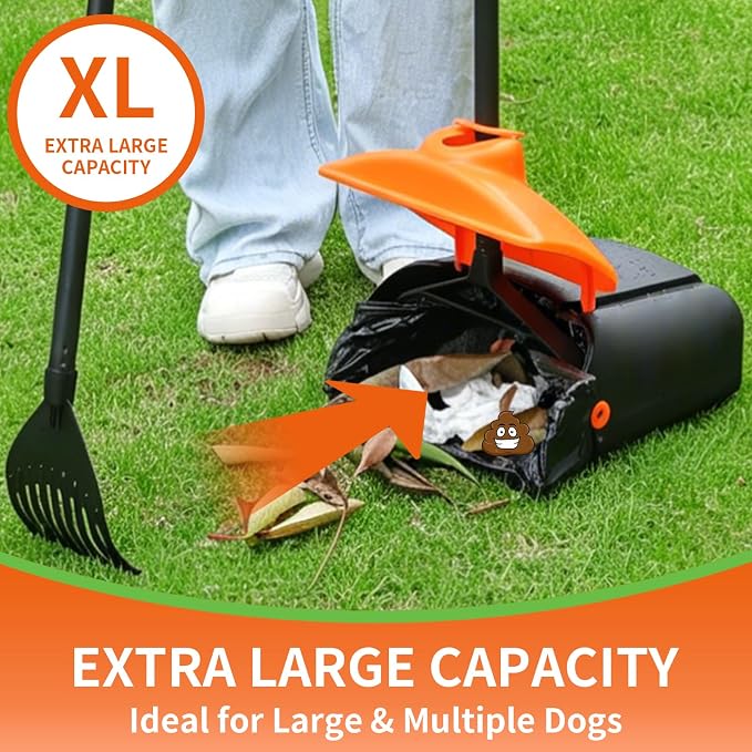 ienjoyed 40" Tall Dog Pooper Scooper with 100 Bags Attachment, Large Capacity Swivel Bin and Rake Metal Pole, Long Handle Pooper Scooper for Large Dogs, Dog Poop Scoop for Yard (Orange)