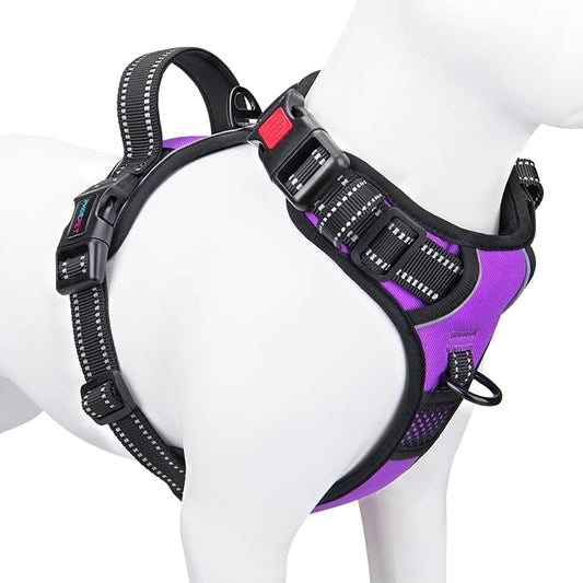 Reflective Dog Harness Large Breed Adjustable No Pull Vest | with Handle 2 Metal Rings 3 Buckles [Easy to Put on & Take off](L, Purple)