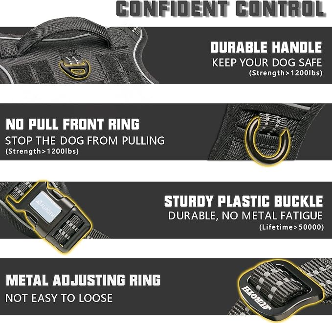 AUROTH Tactical Dog Harness for Large Dogs No Pull Adjustable Pet Harness Reflective Working Training Easy Control Pet Vest Military Service Dog Harnesses Black XXL