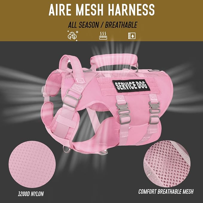 Service Dog Vest for Large Dogs, Pink Tactical Harness with Military MOLLE, Breathable Mesh & 39g Metal Buckle - Size M for Training & Hiking