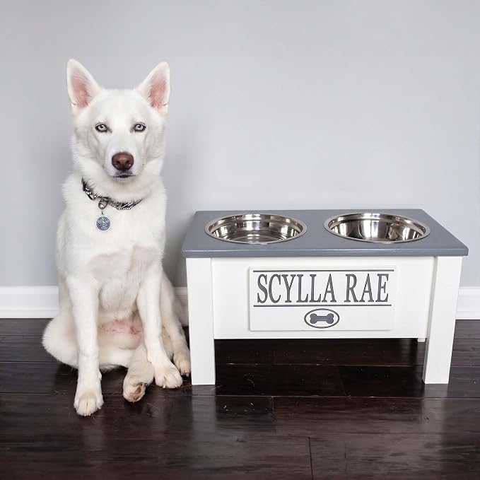 Elevated Dog Bowls for Large Dogs, Personalized Food Stand for Large Breed | Farmhouse Style, Elevated Wood Stand, Storage Container, Stainless Steel Bowls, Raised Anti-Slip Feeder, Made in USA