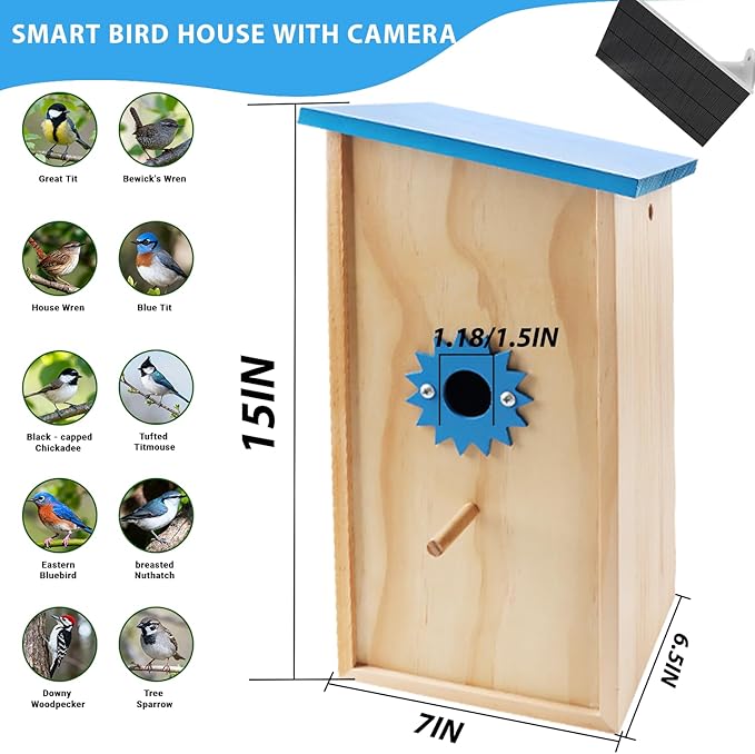 Smart Bird House with Camera Solar Powered, Birdhouse with 1080P HD Camera Wireless, Auto Capture Bird Videos & Motion Detection and App Notify, Wooden Birdhouses for Bluebirds and Sparrows