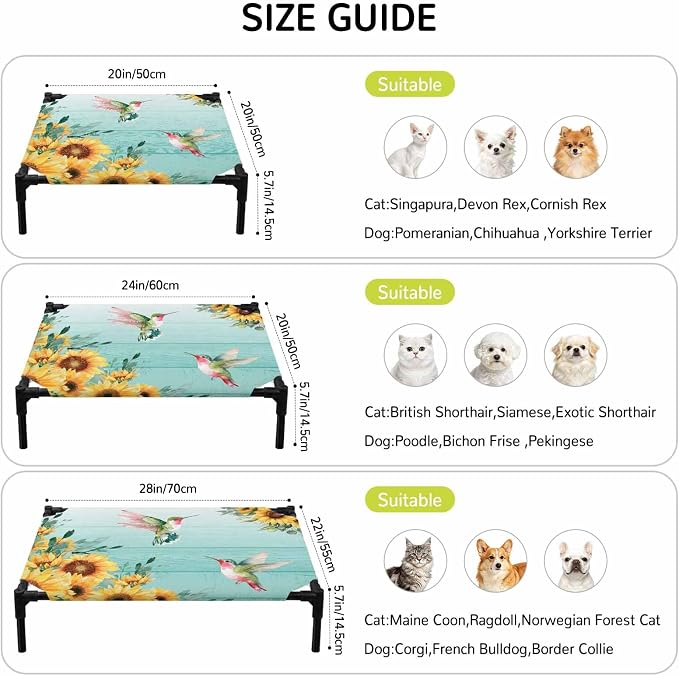 Outdoor Elevated Dog Bed for Large Dogs, Sunflowers Breathable Cooling Raised Dog Cot for Indoor/Outdoor, Spring Botanical Flowers Birds Turquoise Wooden Waterproof Elevated Pet Beds, L 28 x 22 in