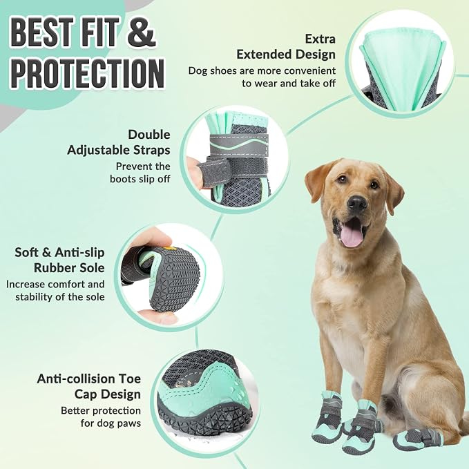 SlowTon Dog Shoes for Large Small Medium Dogs - Breathable Dog Boots for Summer Hot Pavement, Paw Protector for Outdoor Walking Winter Snow, Anti-Slip Rubber Dog Booties for Hardwood Floor (Green, 4)