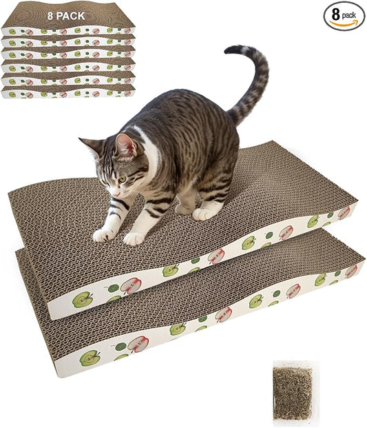 TIMHAKA Cat Scratching Board, Corrugate Cat Scratcher for Indoor Cats with Catnip, Cat Scratch Pad with Premium Scratch Textures Design, Cardboard Cat Scratcher with Double-Sided Usability (Pack of 8)