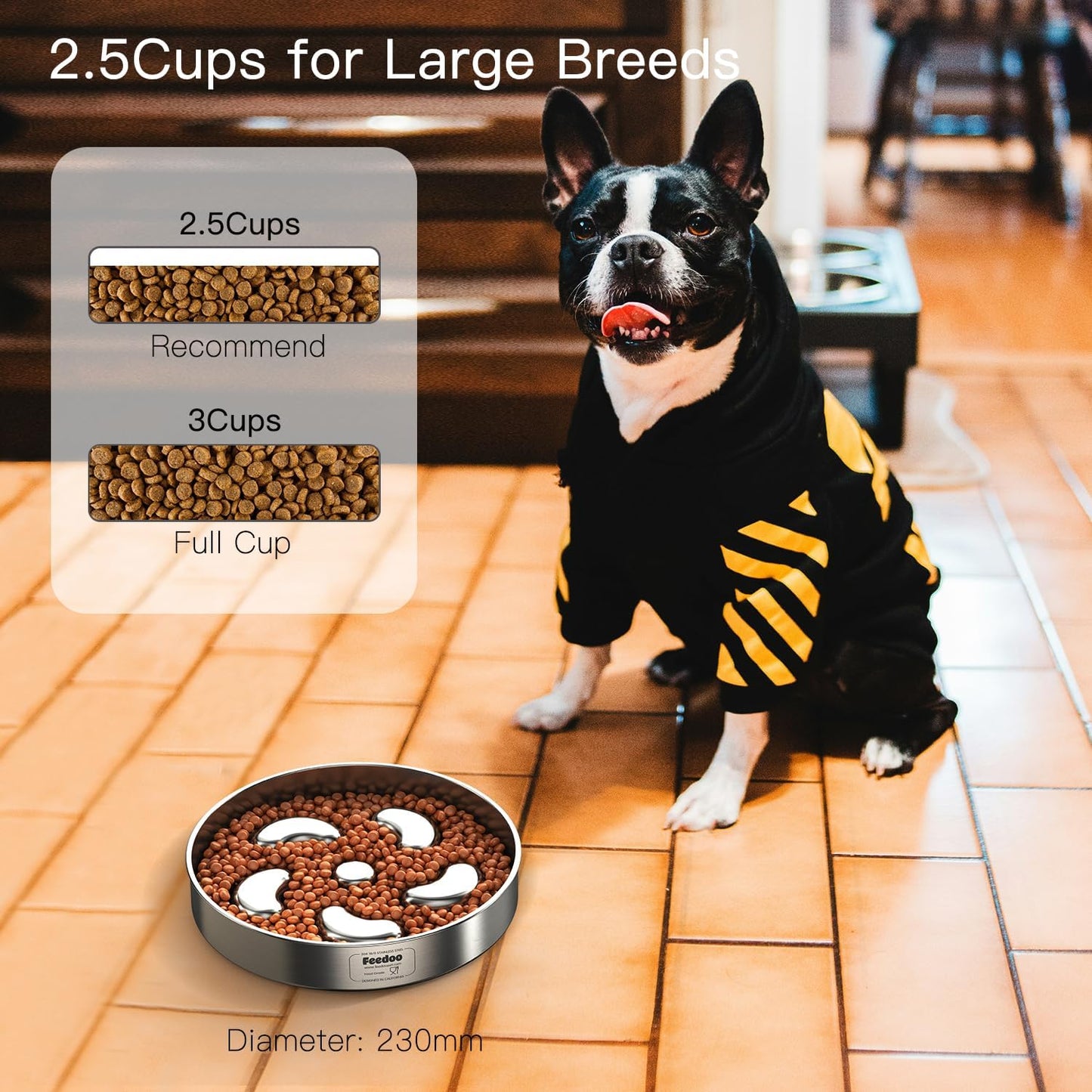 Slow Feeder Dog Bowl, Double Wall Food-Grade Stainless Steel, Heavy Duty with Non-Slip Rubber Base, 2.5Cups Capacity for Medium Large Dogs to Slow Down Eating