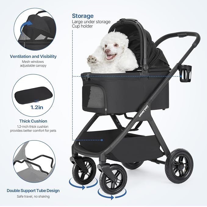 X-5 Pet Stroller with Inflatable Wheels for Medium Pets Black | Adjustable Handle, 55lbs Load, 3-in-1 Detachable Carrier, All-Terrain Inflatable Wheels, One-Touch Fold