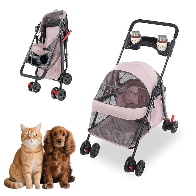 Pet Stroller for Small Medium Dogs Cats, Lightweight Foldable Pet Wagon with 360° Front Wheels & Brake, 40 lbs Capacity Carrier for Park Travel Shopping, Breathable Mesh Basket (Pale Pinkish Grey)