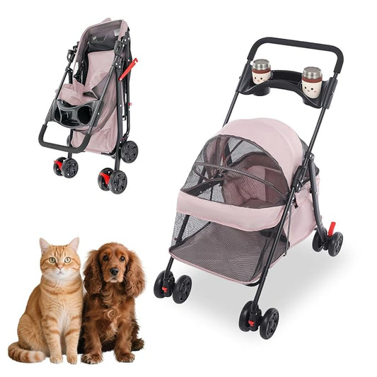 Pet Stroller for Small Medium Dogs Cats, Lightweight Foldable Pet Wagon with 360° Front Wheels & Brake, 40 lbs Capacity Carrier for Park Travel Shopping, Breathable Mesh Basket (Pale Pinkish Grey)