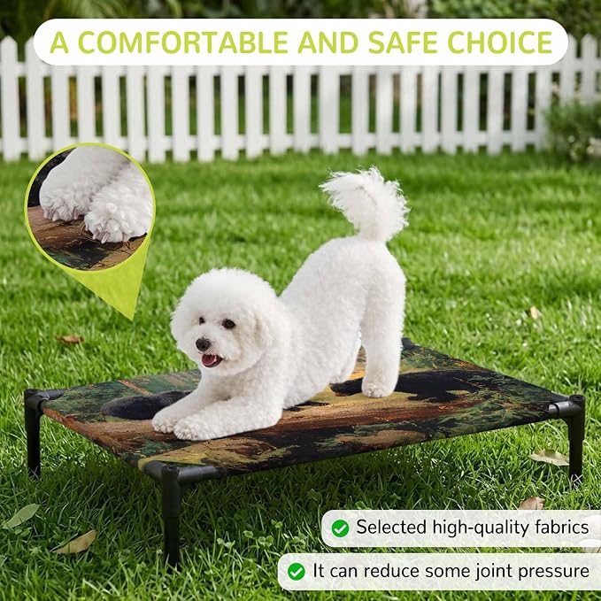 Outdoor Elevated Dog Bed for Large Dogs, Forest Bears Breathable Cooling Raised Dog Cot for Indoor/Outdoor, Nature Country Wild Animals Trees Branch Waterproof Elevated Pet Beds, L 28 x 22 in