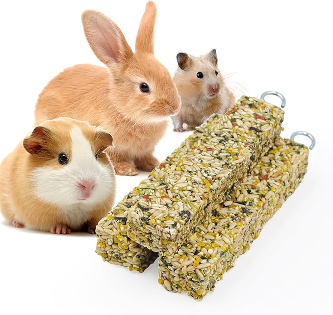 3 Pack Rabbit Chew Toys for Teeth, Cereal Stick with Metal Hook, Natural Chew Toys for Teeth, Chewing Stuff for Bunny, Hamster, Guinea Pig, Chinchilla, Rabbit, and Other Small Animals