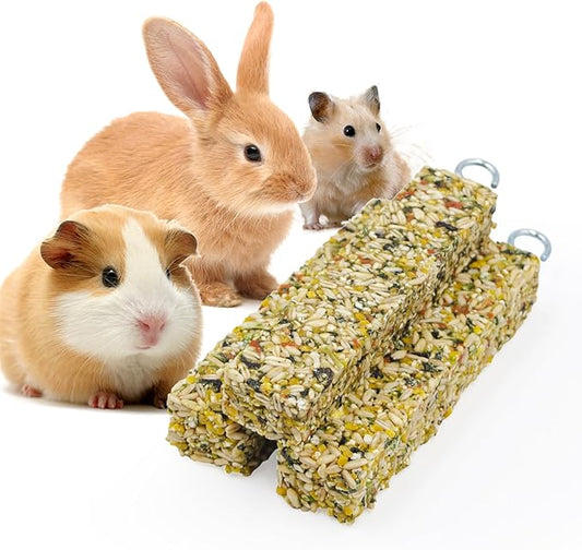 3 Pack Rabbit Chew Toys for Teeth, Cereal Stick with Metal Hook, Natural Chew Toys for Teeth, Chewing Stuff for Bunny, Hamster, Guinea Pig, Chinchilla, Rabbit, and Other Small Animals