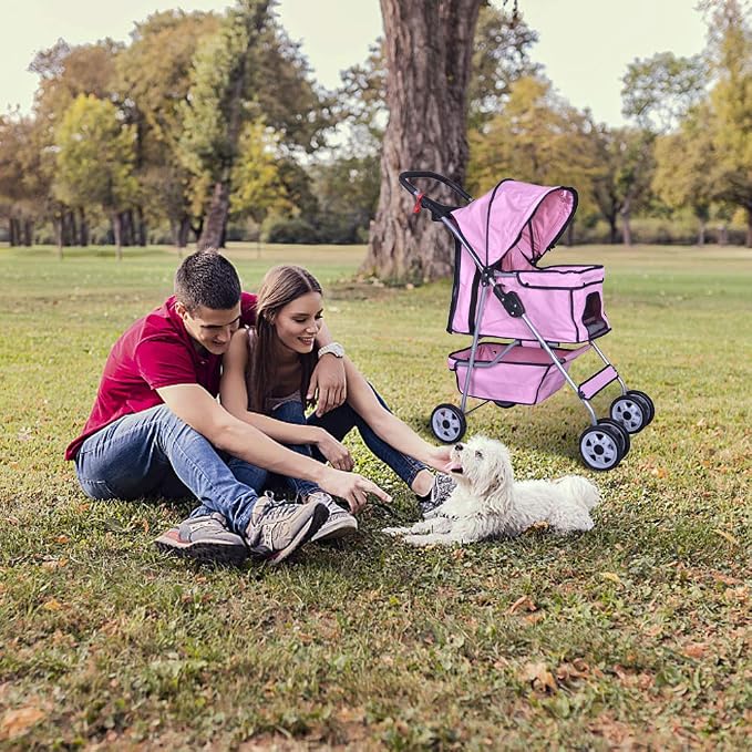 4 Wheels Pet Stroller Cat Dog Cage Stroller Travel Folding Carrier with Cup Holders and Removable Liner for Small-Medium Dog, Cat (Pink)
