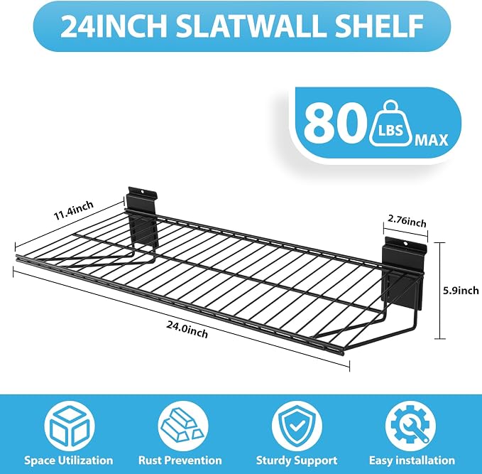 Slat Wall Shelves Accessories - 24 Inch Slatwall Wire Shelf Heavy Duty Storage Garage Shelving Wall Mounted (6 Pack)