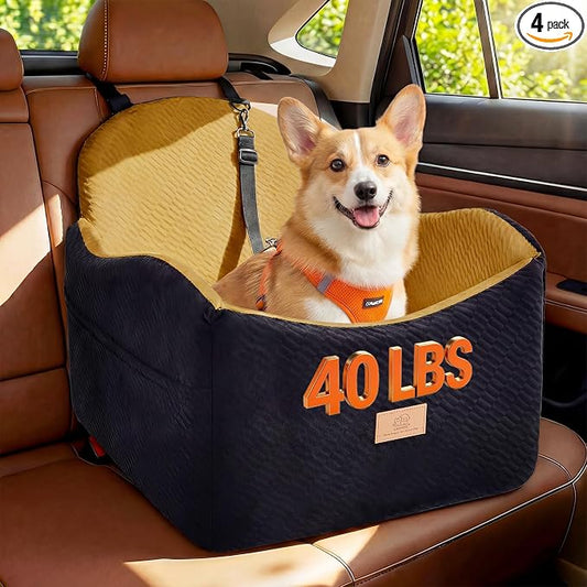 Dog Car Seat for Medium/Small Dogs, Dog Booster Car Seat, Pet Booster Seats Up to 40lbs with Waterproof Layer, 3 Storage Pockets and Safety Belt (Black/Brown)