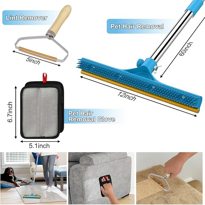 mupapi Carpet Rake for Pet Hair Removal, Reusable Pet Hair Remover Broom, 60'' Adjustable Long Handle Dog and Cat Hair Remover Tool Set of 3, Lint Remover Scraper for Carpets, Rugs, Mats, Couch, Car