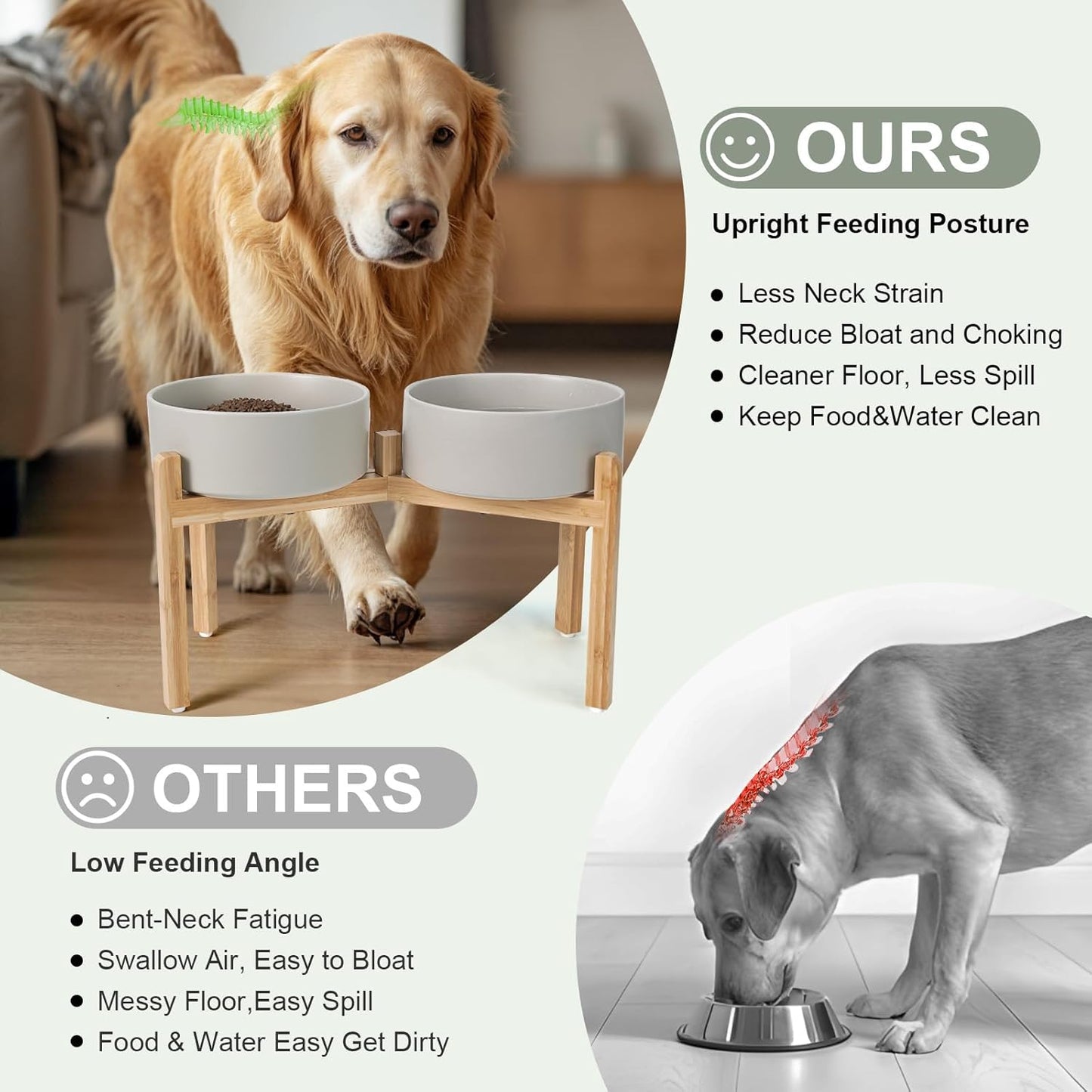 SPUNKYJUNKY Elevated Dog Bowls Ceramic, 8.3'' Dogs Food Water Bowls Raised with Non-Slip Bamboo Stand for Large Sized Breed Microwave Dishwasher Safe - 60 OZ,Grey