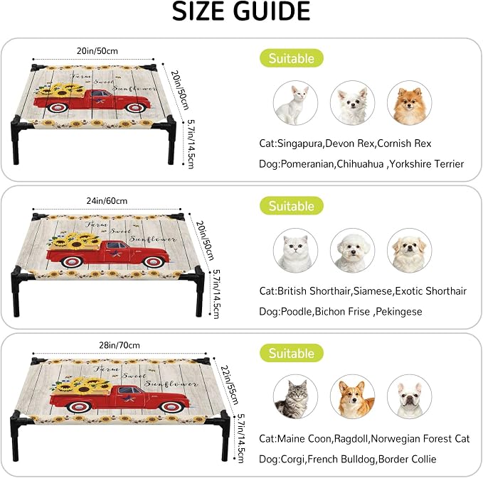Outdoor Elevated Dog Bed for Large Dogs, Sunflowers Breathable Cooling Raised Dog Cot for Indoor/Outdoor, Country Botanical Bees Red Truck Wooden Plank Waterproof Elevated Pet Beds, L 28 x 22 in