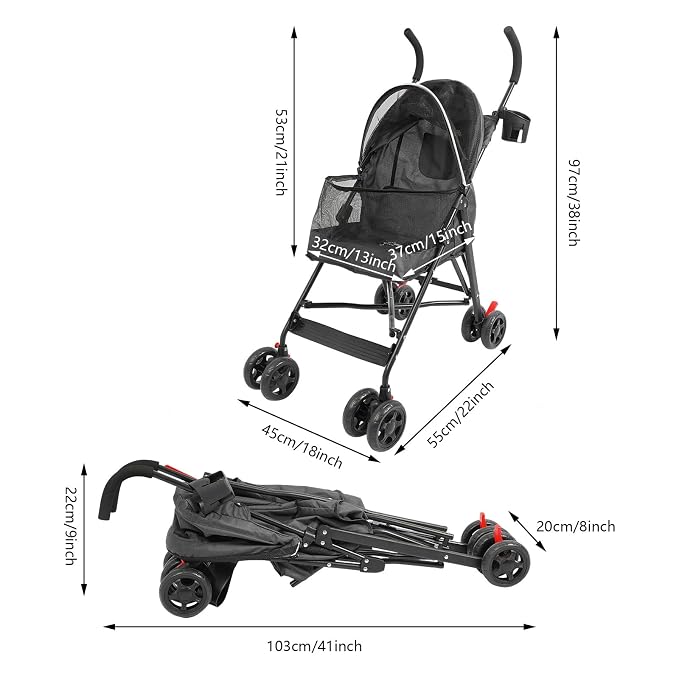 Pet Stroller for Small Medium Dogs Cats up to 22 lbs, Lightweight Foldable Dog Stroller with 360° Wheels & Brakes, Safety Tether, Breathable Mesh, Removable Washable Cushion