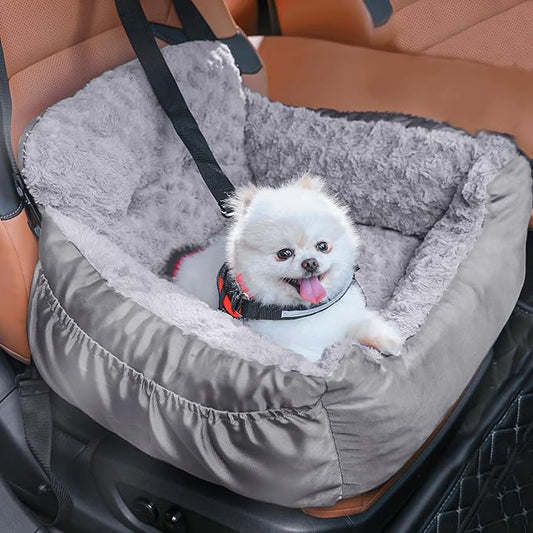 Oiilores Dog Car Seat for Small Dogs, Washable Pet Booster Seats with Clip-On Safety Leash, Comfy Deluxe Plush Carseat with Pockets, Puppy Car Travel Carrier Bed for Dogs Under 25 lbs, Light Grey