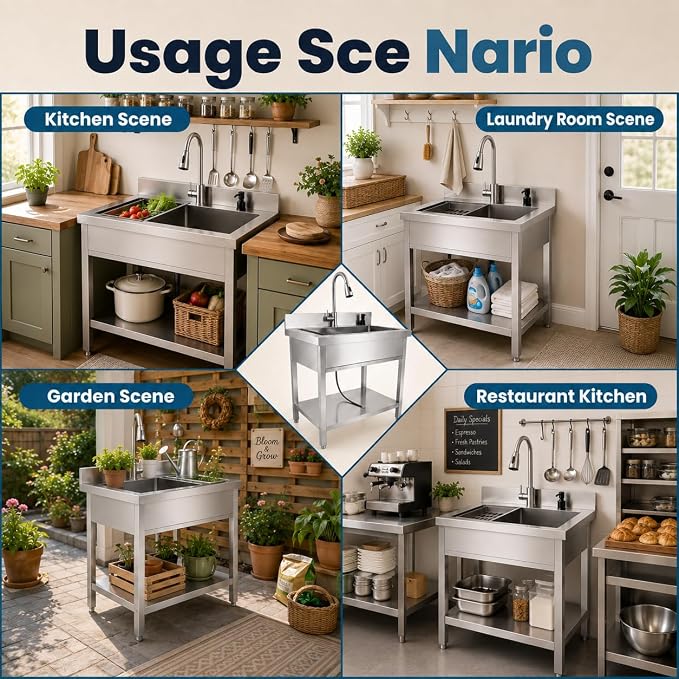 Pet Bathing Tub Station, Heavy Duty Utility Wash Basin for Garage Workshop, Freestanding Commercial Catering Sink, Single Bowl Laundry Station for Business Owners.