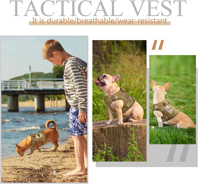 Tactical Dog Vest Harness, Outdoor Training Service Dog Vest Adjustable Military Working Dog Vest with Molle System and Rubber Handle (S=19.7"-22.8" Chest (Adjustable), Khaki)