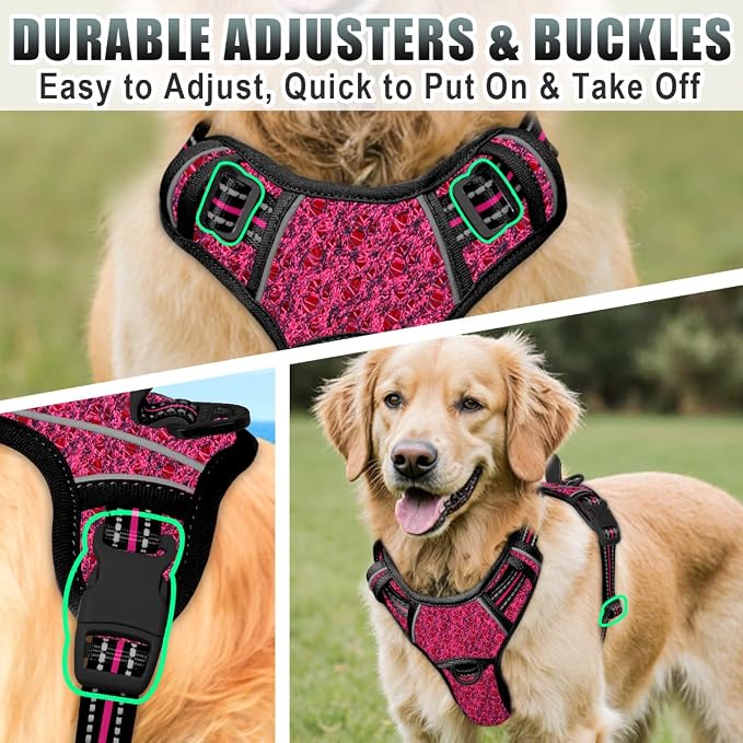 BARKBAY No Pull Dog Harness Large Reflective Dog Harness with Front Clip and Easy Control Handle for Walking Training Running with ID tag Pocket(Pink/Black,L)