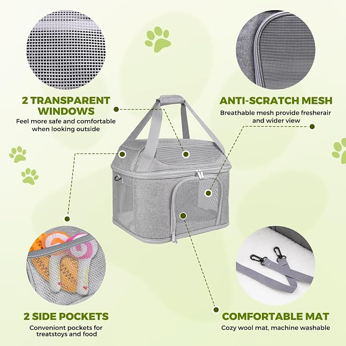 Top-Expandable Pet Carrier 17x11.8x13 Inches Underseat Up to 20lbs, Soft-Sided Carrier Travel Carriers with Padded Shoulder Strap for Small Cats and Dogs, Collapsible Waterproof Travel, Grey