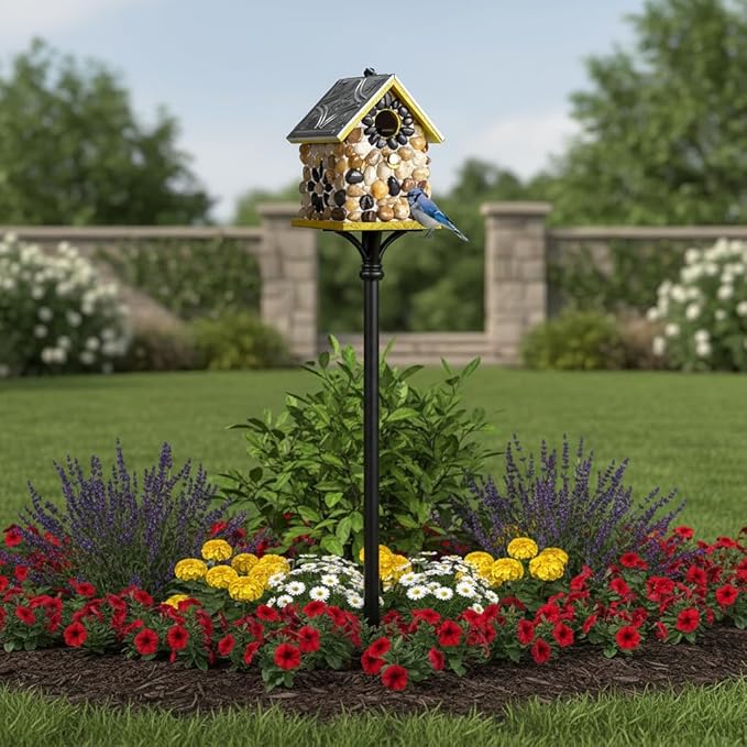 Masterpiece Bluebird Bird House for Outside Clearance, River Pebbles Cedar Bird House Bird Feeder for Outdoor, Hanging Birdhouse for Outside, Pole Mountable Birdhouse, 10 Yrs Lasting (Yellow)