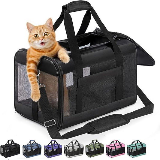 Conlun Cat Carrier Airline Approved, Soft-Sided Dog Carrier with Inner Safety Leash, Pet Transport Carrier for Small-Medium Cats Puppies up to 15 Lbs, Collapsible Travel Kitten Carrier Bag -BlackM