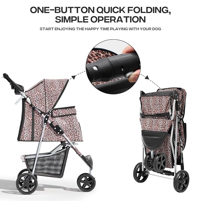 Pet Stroller for Small Dogs 10 lbs, Dog Stroller for Medium Dogs 30 lbs, Cat Strollers for 2 Cats, 3 Wheels Foldable Jogger Puppy Stroller with Storage Basket and Cup Holder, Leopard Print