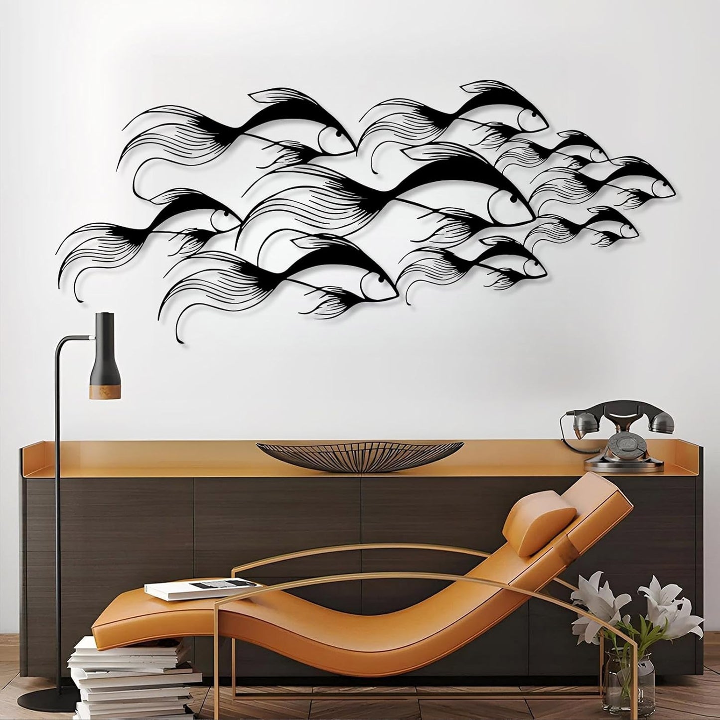 School of Fish Metal Wall Art, Metal Fish Wall Decor, Sea Life Wall Art, Large Nautical Wall Hanging, Modern Beach House Wall Decor, Ocean Themed Artwork for Bathroom (Black, 53"x22" | 135x57cm)