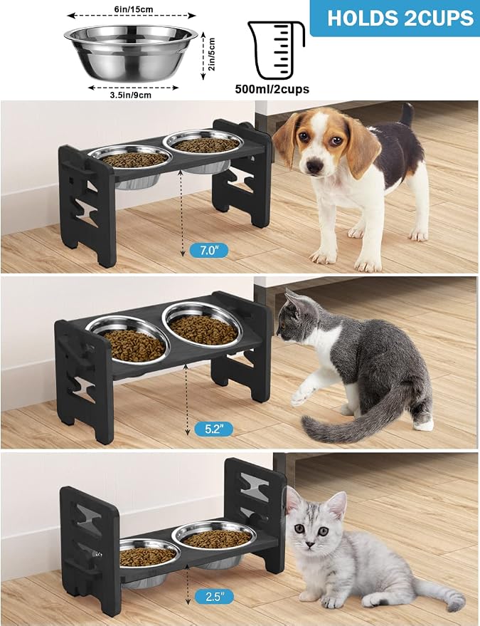 Elevated Dog Bowls, Raised Dog Bowl Stand Adjustable Small, Black | Bamboo Elevated Feeder with 2 Stainless Steel Bowls, Adjustable Height Stand for Small Puppies and Cats