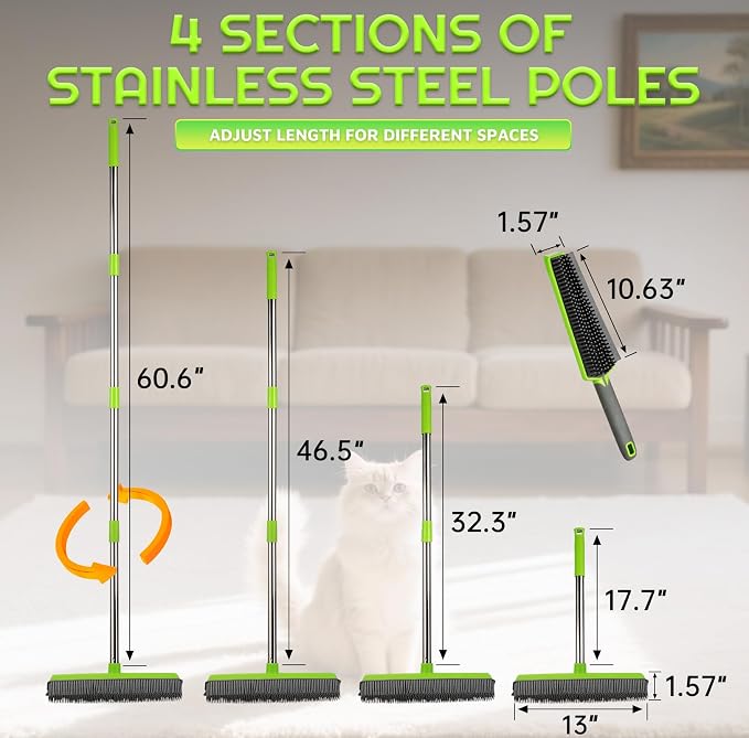 Rubber Broom for Pet Hair —Gets What Your Vacuum Misses,Non-Scratch Carpet Rake 24 "-61 "Adjustable Handle,4-in-1 (Squeegee+Pet Brush+2 Microfiber Cloth),Stairs,Corners, Rugs,Hardwood Green