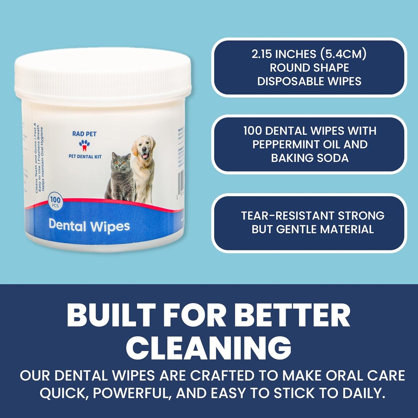 Rad Health Dog Dental Wipes - 100ct Pet Dental Finger Wipes, Easy No-Brush Teeth Cleaning, Removes Plaque & Tartar, Boosts Oral Hygiene, Freshens Breath, Gentle on Mouth, Strong on Build-Up