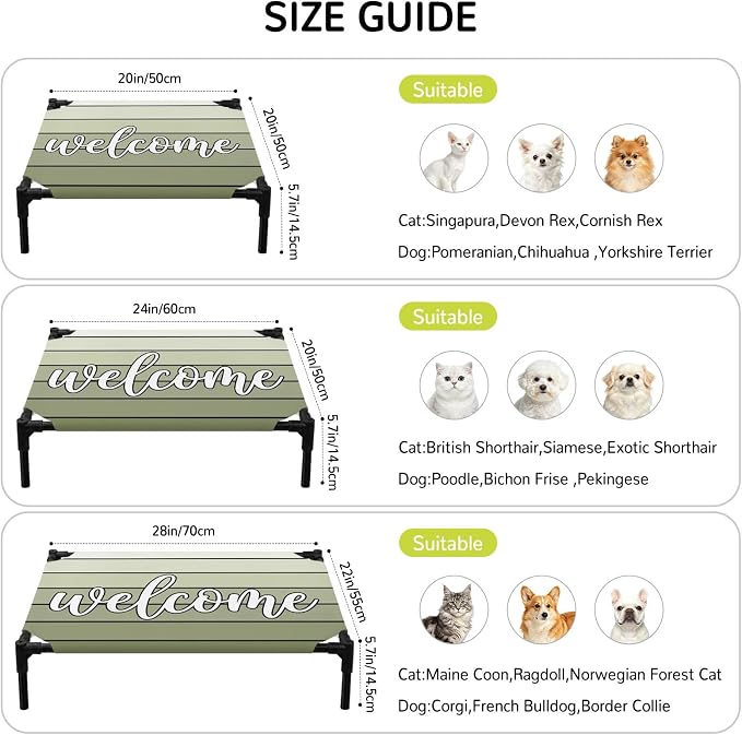 Outdoor Elevated Dog Bed for Medium Dogs, Sage Green Wooden Grain Breathable Cooling Raised Dog Cot for Indoor/Outdoor, Gradient Farmhouse Wood Plank Waterproof Elevated Pet Beds, M 24 x 20 in
