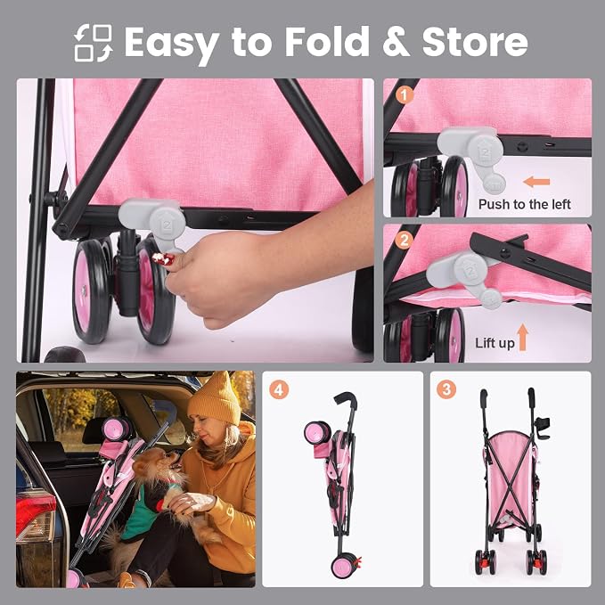 Pet Stroller for Small Dogs Medium Dogs 33lbs, Dog Pram Ultra Light - only 3.5 kg, Dog Stroller Pet Pram with 4 Wheel Foldable/Storage Basket/Cup Holder-P07 (Hot Pink)