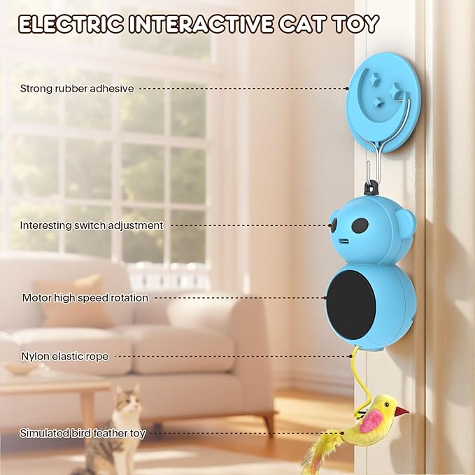 Interactive Cat Toys for Indoor Cats - 2 in 1 Automatic Laser Pointer Cat Toy with Feather Flying Bird，Smart Moving Mouse Wand Toy, Auto On/Off Hanging Toys for Bored Kitten & Adult Cats(Blue)