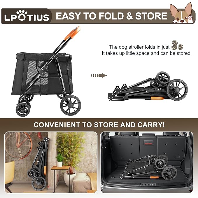 Pet Stroller for Large & Medium Dogs up to 70 lbs, 4-Wheel Extra Large Dog Stroller with 3-Way Entry & Sunshade, Heavy Duty Puppy Wagon with One-Click Folding, All-Terrain & Ventilated, Black