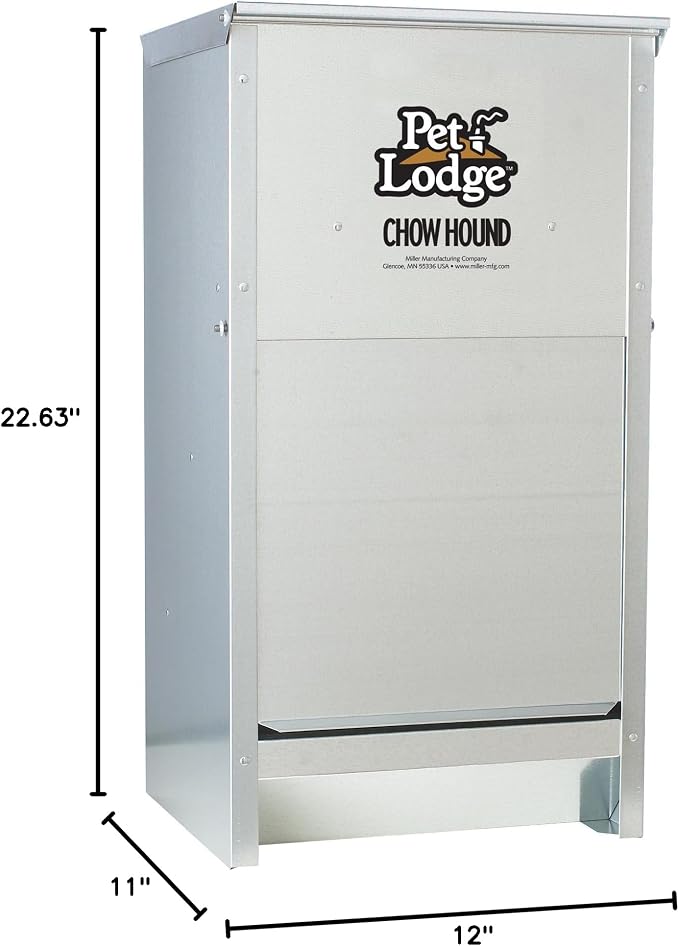Pet Lodge® Automatic Dog Feeder | Chow Hound Outdoor Pet Feeder | Tough Galvanized Steel | Made in USA (25 lb) | Easy Access Magnetized Door and Angled Chute for Dogs, Silver, 1 Pack