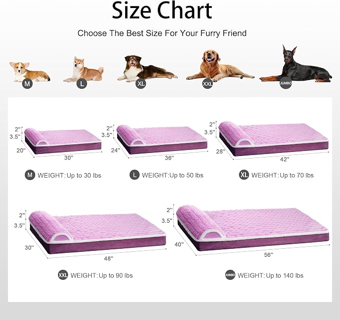 Orthopedic Large Dog Bed Pillow Pet Sofa Bed 42''X28'' Lilac | Egg-Crate Foam Pet Couch Large Sized Dog, Waterproof Removable Washable Cover,Furry Puppy Crate Mat With Nonskid Bottom